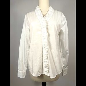 Gap White Cotton Ruffled V-Neck Buttoned Blouse